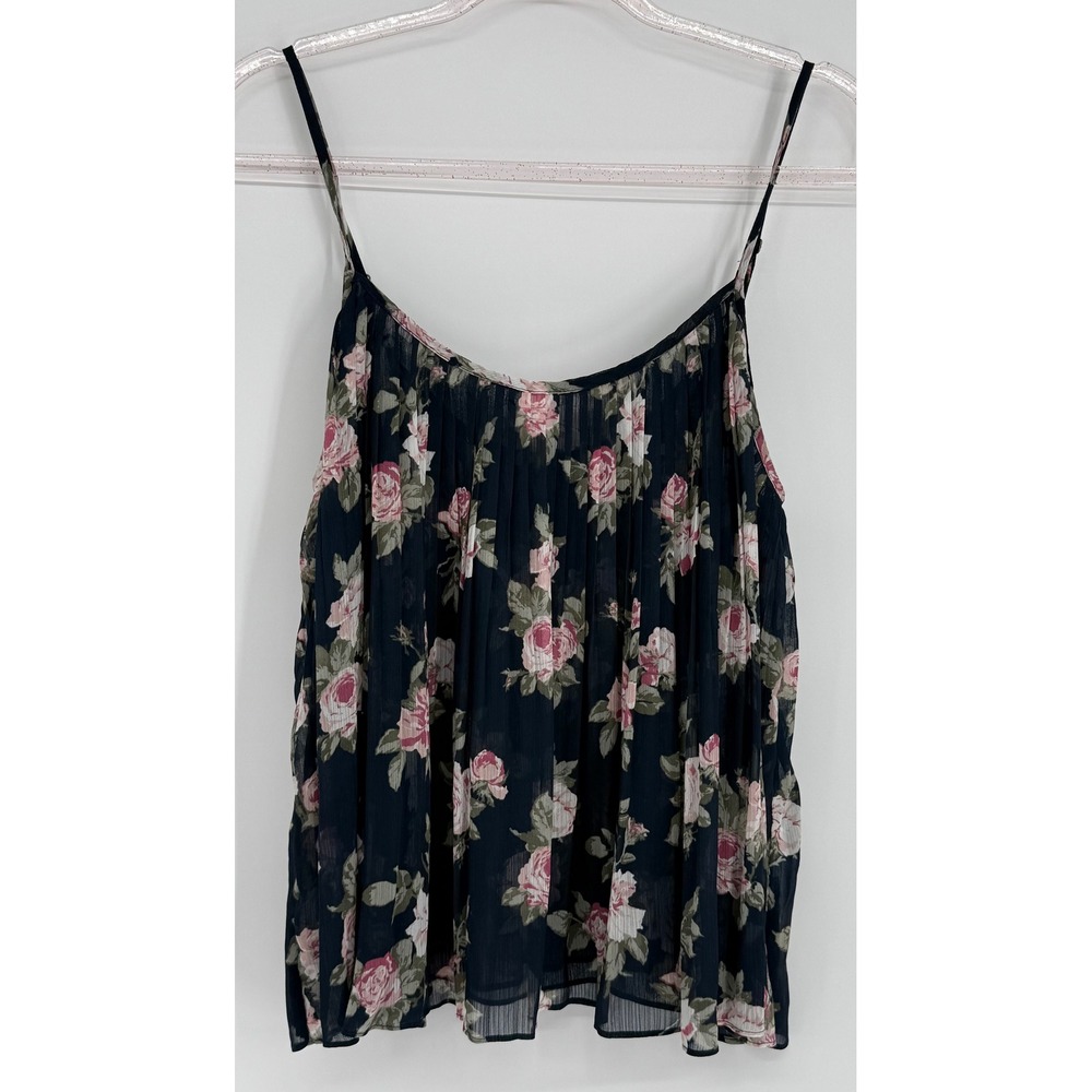 Abercrombie & Fitch Womens Navy Blue‎ Pink Floral Pleated Chiffon Cami Top Sz L